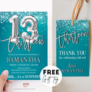 Editable Teal and Silver Glitter invite, 13th Birthday Invitation girl, Teenage Girl Birthday Invitation with FREE Favor Tag, Template AP19