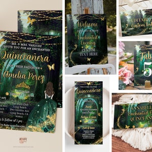 Editable Gold and Emerald Green Enchanted Forest Quinceanera Invitation Bundle Set of 6, Welcome Sign, Chocolate Wrapper, Program Template