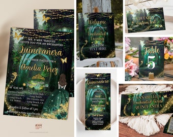 Enchanted Forest Quinceanera Invitation Bundle: Emerald Green & Gold (Editable)