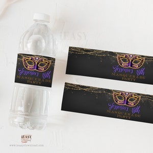 EDITABLE Water Bottle Label Purple and Gold Masquerade, Sweet 16th Birthday Party, Purple Mask Birthday Favor Label Template Edit with Corjl