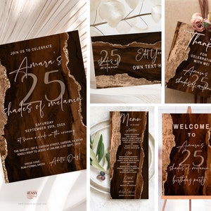 Editable 25 shades of melanin birthday invitation Set of 5, Shades of Brown Agate Welcome Sign, Menu, Place Card, Tag Template Corjl AP33