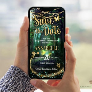 Editable Save the Date, Enchanted Forest Emerald Green Quinceañera, Gold Enchanted Forest FairyTale Phone Invite Template, Edit with Corjl