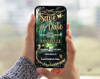 Enchanted Forest Quinceañera Save the Date Phone Invite (Editable with Corjl)