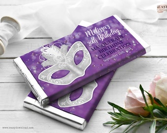 EDITABLE Candy Bar Wrapper Silver Purple Masquerade, 30th Birthday Masquerade Party Chocolate Wrapper Printable For Any Age Template AP12