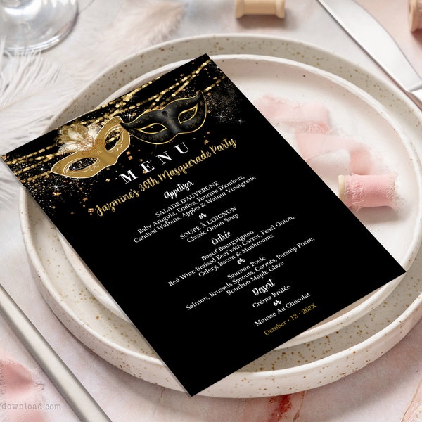 Editable 5x7 Masquerade Menu Card, Gold and Black Carnival Masquerade Menu Card Template, Printable Adult Masquerade Party 4x9 Menu AP3