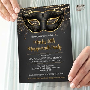Black Masquerade | Masquerade Invitation Template | Gold and Black Adult birthday Masquerade Party Invitation for all Ages | Women & Men AP3