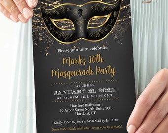 Black Masquerade | Masquerade Invitation Template | Gold and Black Adult birthday Masquerade Party Invitation for all Ages | Women & Men AP3