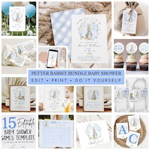 Editable Peter Rabbit Baby Boy Shower Bundle A Little Bunny is on the way, Set of 30 items Party Matching Decorations and Games using Corjl