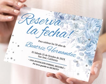 Save the Date Birthday Party in Spanish Surprise Party Floral Blue and White Roses Silver Confetti Reserva la fecha Template All Ages