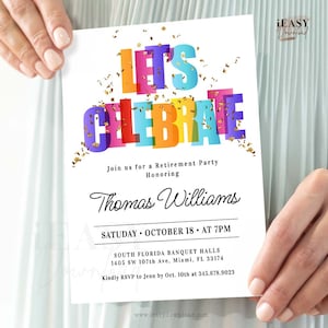 Retirement Party Invitation, Let's Celebrate Invitation Template, Gold Confetti, Editable Invitation for a Retirement Party Celebration AP17