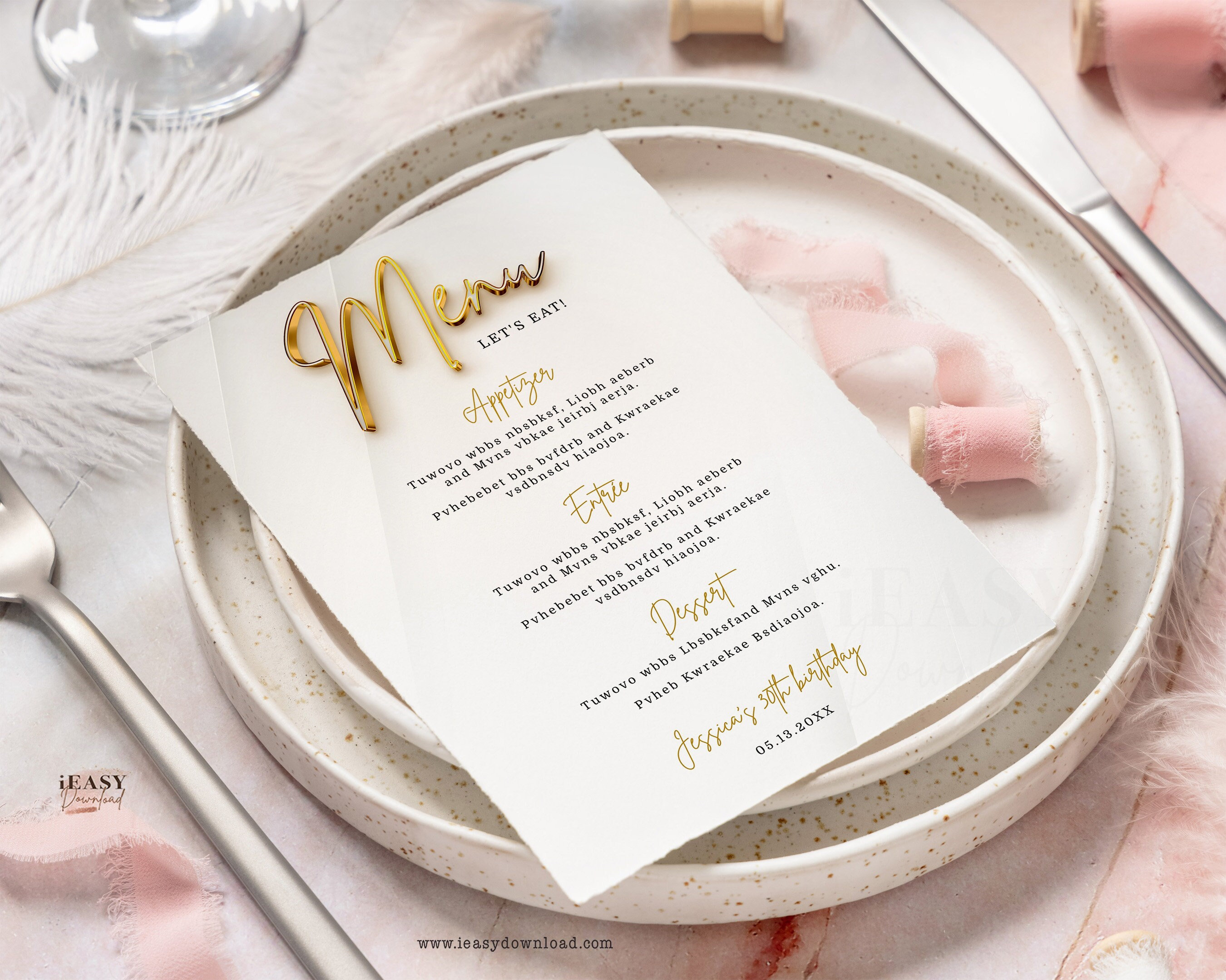 White Menu Card Design Gold & White Menu Card Template Modern Birthday Party Printable Corjl ...