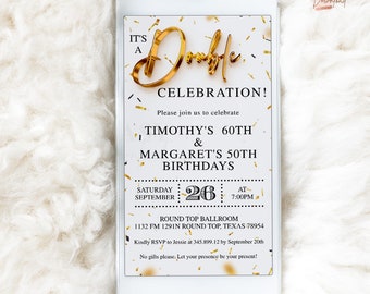 May include: A white and gold digital invitation for a double celebration. It's a Double Celebration! Please join us to celebrate Timothy's 60th & Margaret's 50th Birthdays. Saturday, September 26th at 7:00 PM. Round Top Ballroom, 1132 FM 1291N Round Top, Texas 78954. Kindly RSVP to Jessie at 345.899.12 by September 20th. No gifts please. Let your presence be your present!