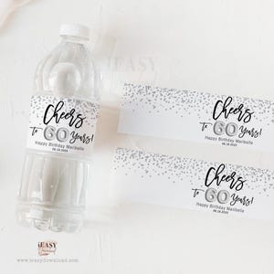60th Birthday Water Bottle Label: Silver Confetti (EDITABLE, Instant Download)