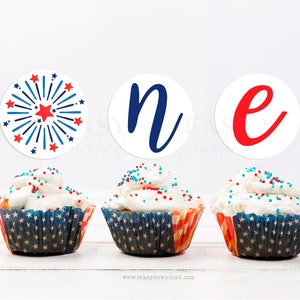 ONE Firecracker Born on 4th July Red White and Blue First Birthday Cupcake Topper 4th of July 1st Birthday Party Decoration Food Topper KP10