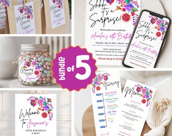 May include: A digital party stationery bundle featuring floral designs with vibrant pink, blue, and orange flowers. Includes a surprise birthday invitation, a welcome sign, a menu, an itinerary, and favor tags with the text Muchas Gracias and Jasmine.