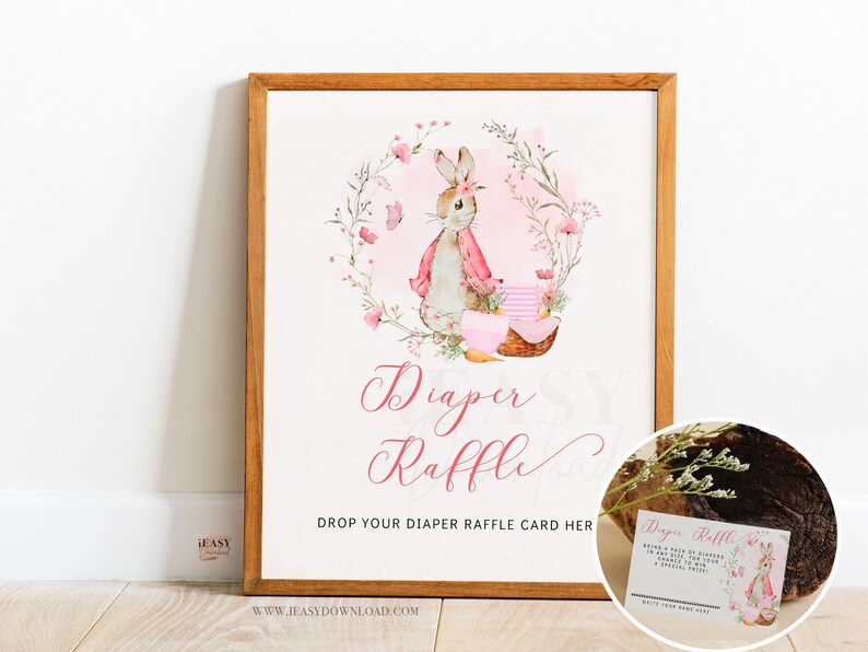Peter Rabbit Girl Diaper Raffle Sign and Tickets, Baby Shower Game ...