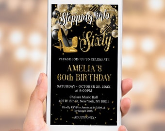 Editable 60th Birthday Stepping into Sixty Phone Invite, Electronic invite Gold and Black Balloons, Party Evite, Mobile invite Corjl AP6