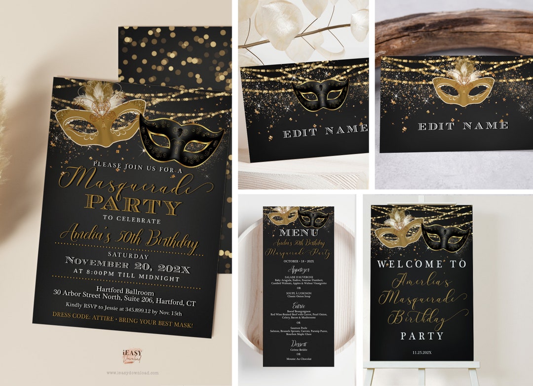 Editable Masquerade Birthday Invitation Set of 4, Gold and Black ...
