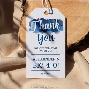 Adult Birthday Thank You Tag | 40th Birthday Favor Tags | Navy Blue Themed Birthday Party | Instant Download EDITABLE Tags with Corjl AP2