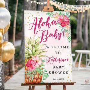 Editable Pineapple Baby Shower Welcome Sign Tropical Shower Sign Summer Hawaiian Baby Shower for Girl Entrance Sign Aloha Baby Girl Pink