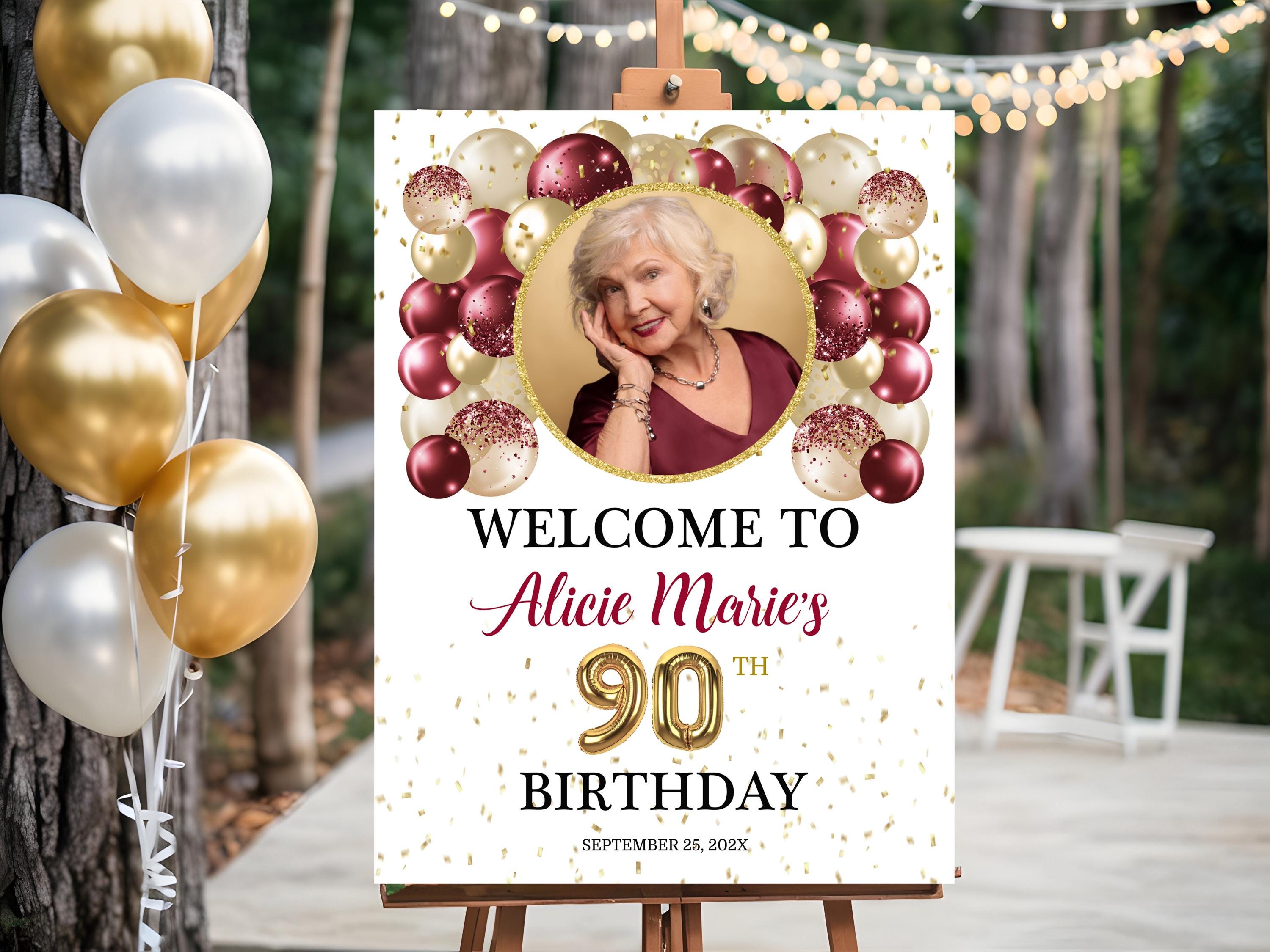 Editable 90th Birthday Welcome Sign Template: Burgundy and Gold ...