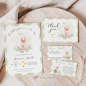 Editable Bundle Goose Baby Shower Sage Green, A Little Goose is on her way, Silly Goose Baby Books for baby, Diaper Raffle, Thank You Card