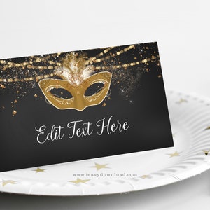 Editable Gold Masquerade | Gold and Black Adult birthday Tent Cards | Buffet label Gold Masquerade Theme Birthday Food Label Decor AP3