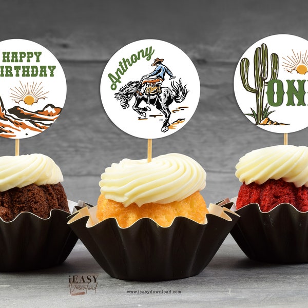 Editable My First Rodeo Cupcake Topper Birthday for Boy, Western First Birthday Country Cowboy Birthday Decor Cake Topper Printable KP36