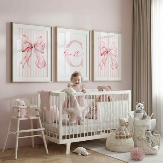 Pink Bow Art Set of 3 Custom Initial Name Prints for Coquette Nursery Decor Personalized Girly Art Posters Theme Ideas