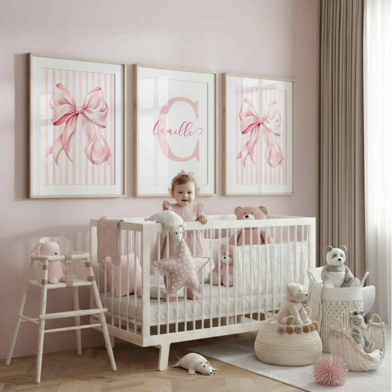 Pink Bow Art Set of 3 Custom Initial Name Prints for Coquette Nursery ...
