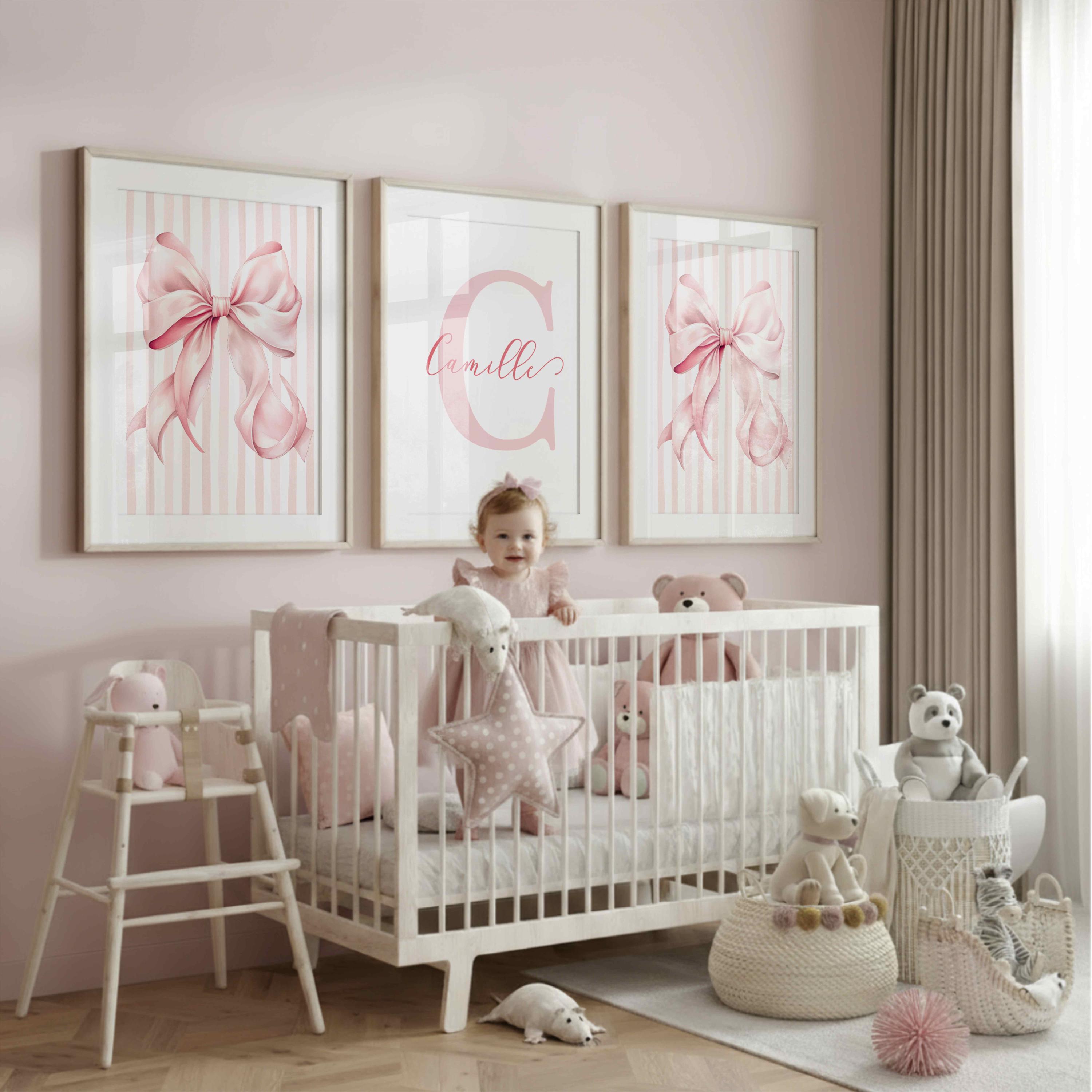 Pink Bow Art Set of 3 Custom Initial Name Prints for Coquette Nursery ...