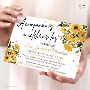 Spanish Birthday Invitation: Yellow Floral, Editable Template (Digital Download)