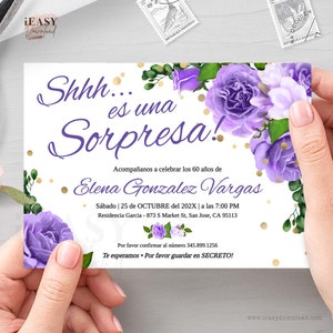 Spanish Birthday Party Fiesta Sorpresa 60 años Cumpleaños, 50 años Spanish, Editable Invitation. Morado, Floral Purple Roses. Template AP12