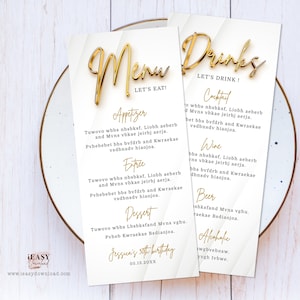 Editable Double Sided Menu and Drinks Card Template, All White Affair Gold Theme Party, Modern Birthday Gold Manu Card Printable Corjl AP11