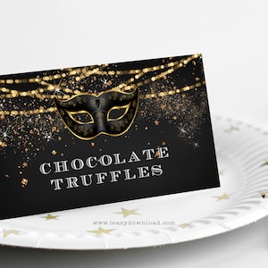 Editable Gold Masquerade | Gold and Black Adult birthday Tent Cards | Buffet label Gold Masquerade Theme Birthday Food Label Decor AP3
