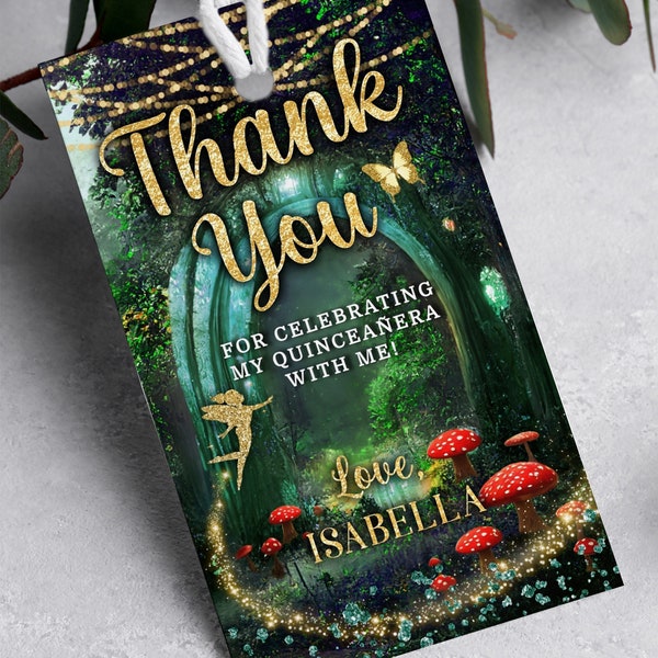 Editable Enchanted Forest Thank You Tag, Fairy Red Mushroom Forest, Quinceañera Thank You Tag, Gold and Emerald Green, Fairy Garden Template