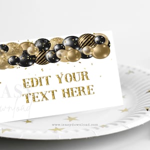Buffet Card Template, Gold and Black Balloons Birthday Party Cards, Food Label, Editable Buffet Gold and Black Adult birthday Tent Cards AP6
