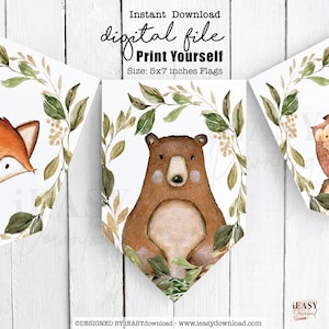Banner con animali del bosco, striscione con bandierine per baby shower, decorazioni per compleanni con foresta verde, venduto così com'è, stampa tu stesso BS9