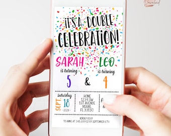 Rainbow Confetti Joint Birthday Invitation Sibling Celebration Electronic