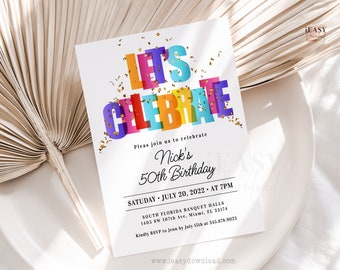 Editable Confetti Birthday Invitation Colorful Celebration Digital Download