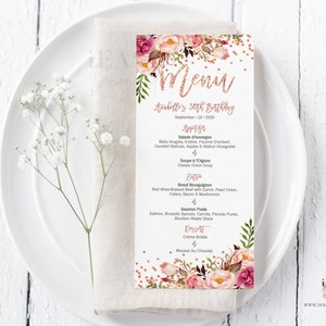 Floral Rose Gold Editable Card Template, Rose Gold Confetti Dinner Menu Card Printable, Rose Gold Confetti, Table Menu Printable Corjl AP1