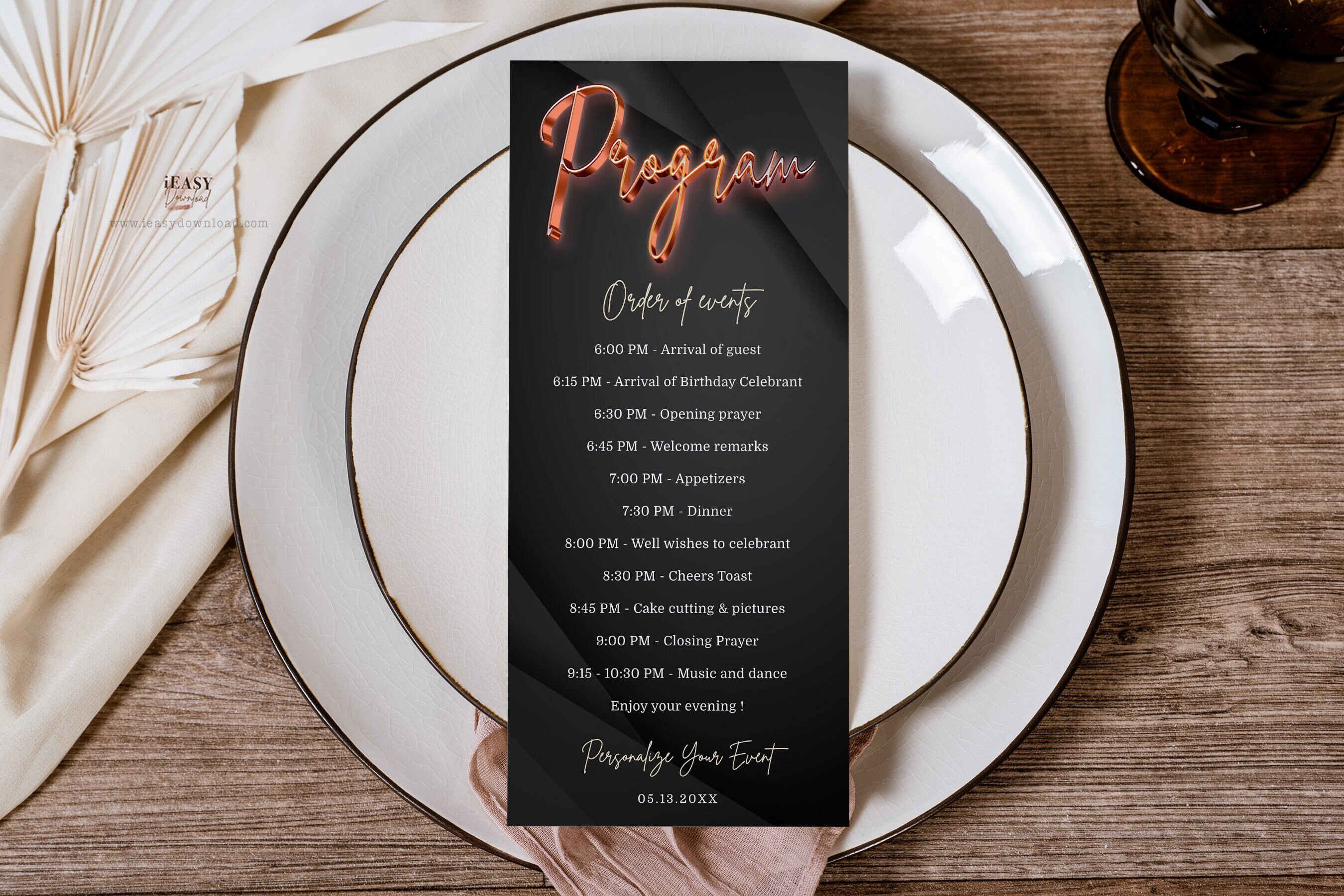 Rose Gold Program Card Template: Modern Black (printable) - Etsy