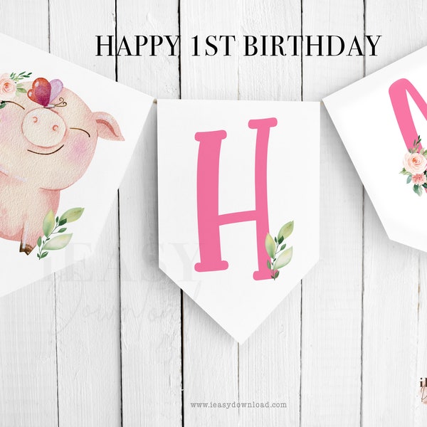 Afdrukbare roze bloemen varken verjaardag, meisje boerderij Piggy verjaardag Floral boerderij, Happy 1e verjaardag banner, varken thema partij Instant Download, KP6