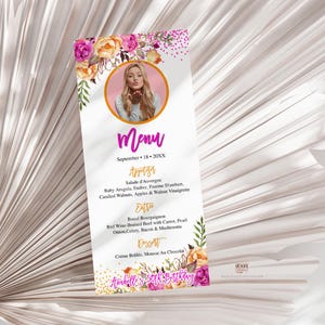 Editable 50th Birthday Menu 4x9 Card Hot Pink Orange Floral and Confetti, Photo Birthday Table Menu Card Menu Printable Template Corjl