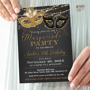 Masquerade Invitation Template | Gold Masquerade | Gold and Black Adult birthday, Masquerade Invitation for all Ages Template Corjl AP3