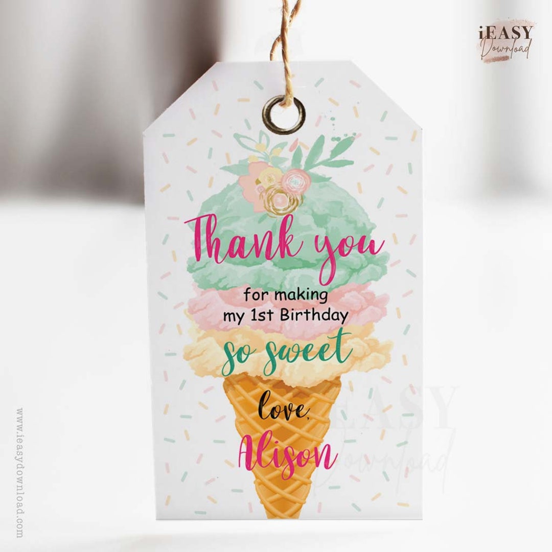 Editable Ice Cream Birthday Gift Tags, Here's the Scoop, Pink Mint Gold