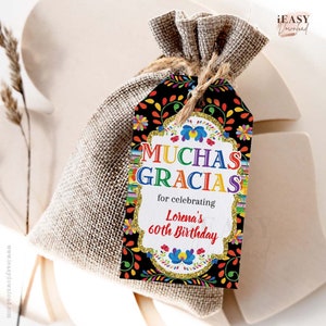 Mexican Birthday Muchas Gracias Tags, Fiesta Birthday Tag, Mexican Fiesta Favor Gift Tag, Thank You Fiesta Tag EDITABLE Tags with Corjl AP4