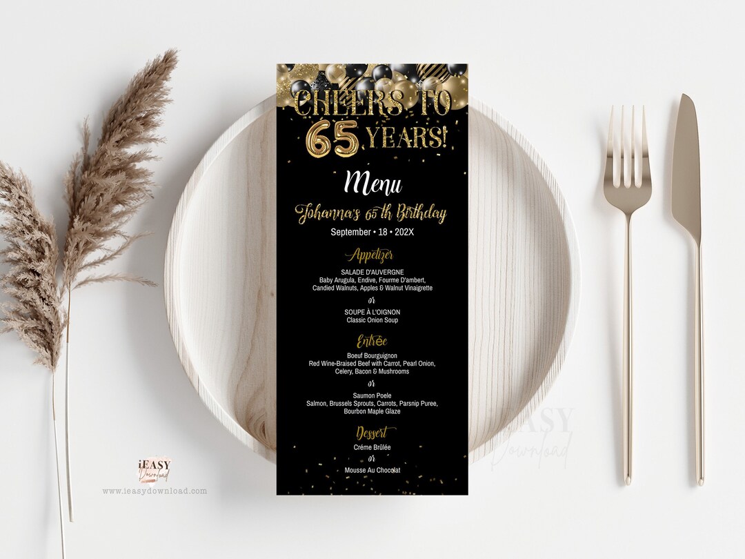 Editable Menu Card Template, Black and Gold Balloon With Confetti ...
