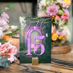 Editable Table Numbers Enchanted Forest Purple Glitter, Quinceañera Table Numbers, Enchanted Evening, Printable Number Signs Edit With Corjl