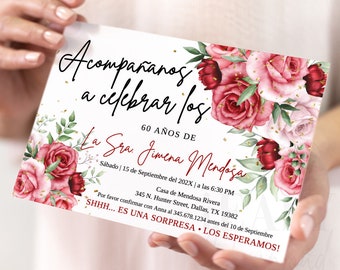 Spanish Birthday Invitation: Floral Red Roses, Editable Template (Digital Download)